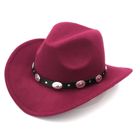 Red, Maroon Western Cowboy Cowgirl Hat, Black & Silver Strap Men Women Wide Brim - Picture 1 of 6